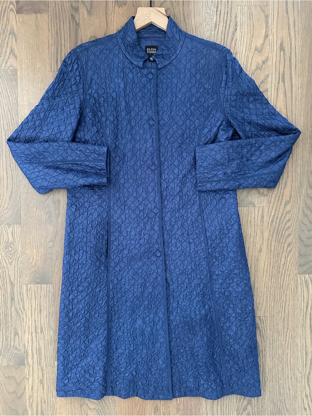 Eileen Fisher Tussah Silk Quilted Stand Collar Mid-Length Jacket in Blue XS